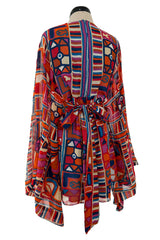 Fantastic 1970 Thea Porter w Documented Print by Sandra Munro Silk Chiffon Mini Dress w Ultra Wide Sleeves