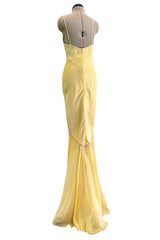 Prettiest 1980s Bob Mackie Pale Pastel Yellow Chiffon Dress w Draped Neckline & Flowing Skirt