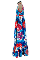 Prettiest 1977 Oscar de la Renta for Swirl One Shoulder Printed Bright Floral Cotton Dress w Ruffled Hem
