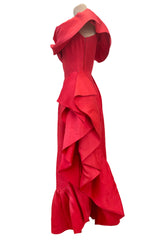 Prettiest 1970s Loris Azzaro Red Silk Gazaar One Shoulder Dress w Ruffled Detailing & Side Bow