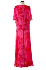 Dreamiest 1990s Yves Saint Laurent Oversized Floral Print Pink & Red Silk Chiffon Caftan Dress
