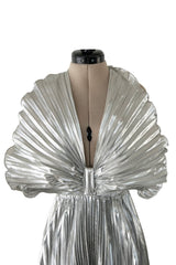 Exceptional 1970s Roland Klein Metallic Silver Lame Pleated Fan Dress w Completely Open Bare Back