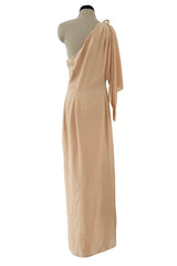 Spectacular Spring 2000 Thierry Mugler Runway Nude Chiffon One Shoulder Dress w Acrylic Detail