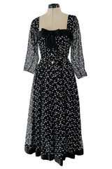 Prettiest Fall 1979 Christian Dior by Marc Bohan Black Silk Lace Net Dress w White Sequins & Bows