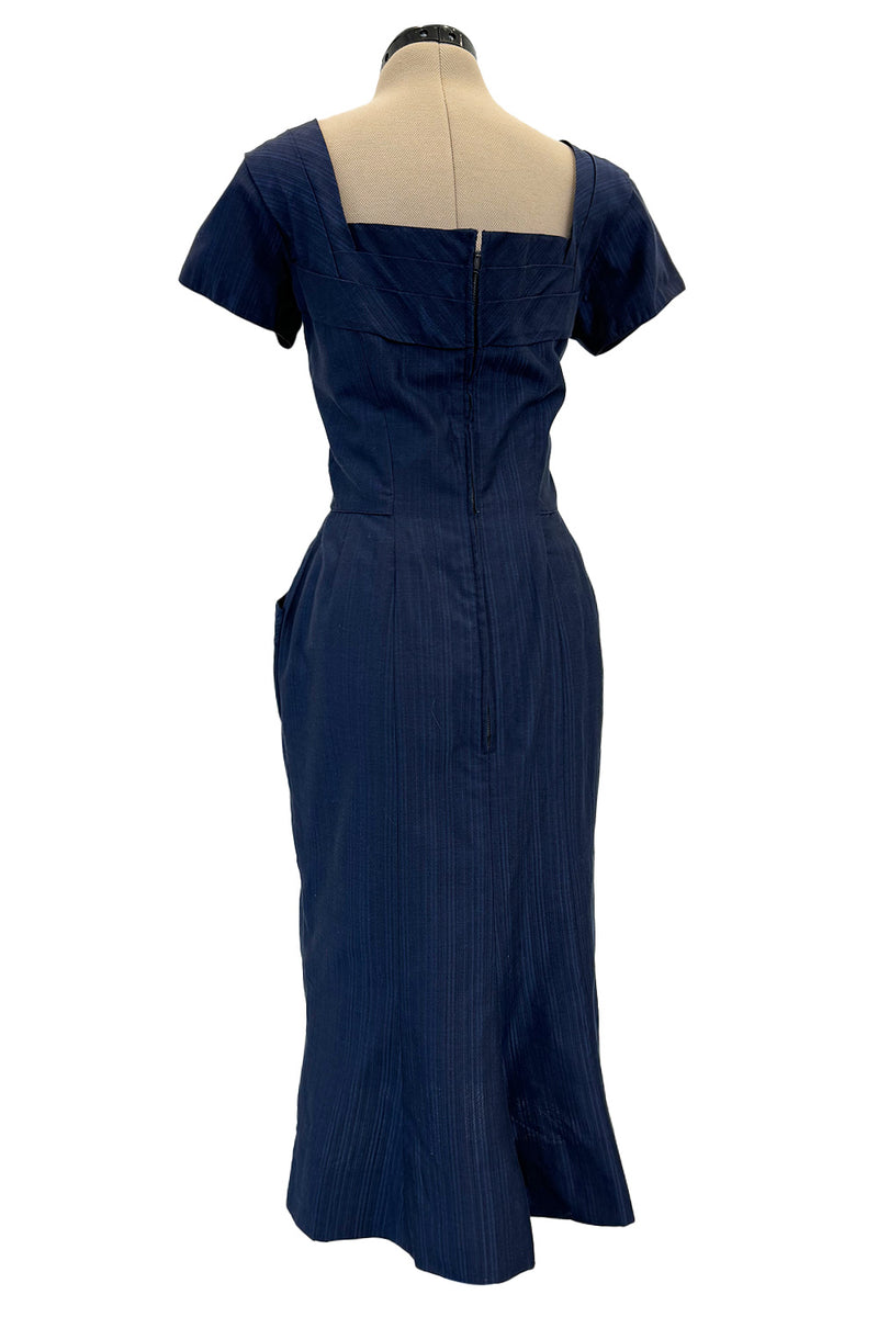 Prettiest 1950s Ceil Chapman Fitted Blue Dress w Hip Pockets & Pleated Bodice Detailing