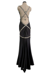 Outstanding Fall 2004 Alexander McQueen Bias Cut Black Silk Dress w Bare Back & Silver Thread Ribbon Detailing