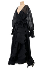 Prettiest 1970s Bill Blass Black Silk Organza Dress w Extensive Ruffle Detailing & Full Puff Sleeves