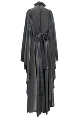 Spectacular 1970s Gina Fratini Metallic Deep Silver Lame Dress w Ruffle Collar & Angel Sleeves