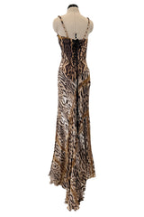 Sexiest 2003 Roberto Cavalli Laced Back Corset Leopard Print Silk Chiffon Dress w Stitched Panels