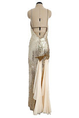 Incredible 1970s Loris Azzaro Densely Covered Gold & Silver Sequin, Bead & Silk Chiffon Dress