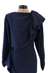 Elegant Spring 1989 Nina Ricci by Gerard Pipart Haute Couture Runway Deep Blue Silk Dress