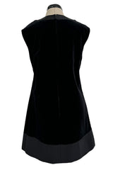 Minimalist 1960s Pierre Cardin Black Cotton Velvet Mod Shift Dress w Grosgrain Detailing