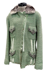 Fall 2005 Roberto Cavalli Green Boucle Jacket w Chinchilla Collar, Rhinestone, SIlk & Velvet Detailing