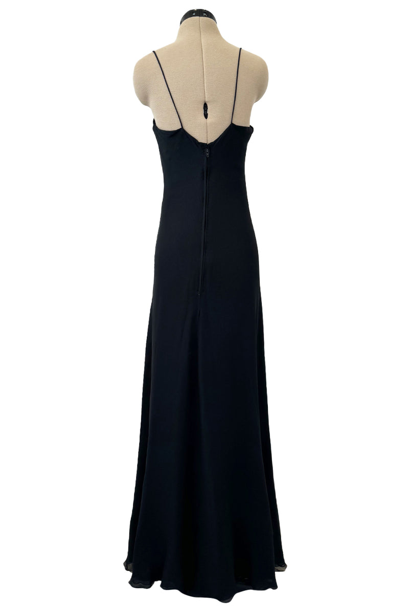 Exceptional 1970s George Stavropoulos Perfectly Minimalist Bias Cut Black Silk Chiffon Dress