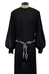 Gorgeous 1960s James Galanos Meticulously Pleated Black Silk Chiffon Dress w Elaborate Belt
