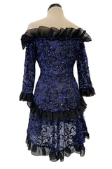 Fall 1987 Yves Saint Laurent Runway Off Shoulder Dress w Metallic Thread & Ruffled Detailing