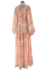 Incredible 1970s Hanae Mori Floral & Butterfly Peach Silk Chiffon Dress w Balloon Sleeves & Beading