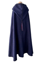 Fabulous Fall 1976 Yves Saint Laurent Striped Blue Wool Knee Length Cape w Hood & Tassel Detailing