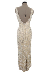 Amazing 1950s Mde. Etoile Ivory Silk Heavily Hand Beaded Demi Couture Dress w Scoop Back