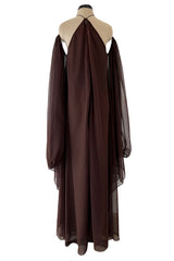 Extraordinary 1970s Yuki Brown Chiffon Caftan Dress w Open Shoulders & Incredible Sleeves