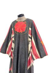 Fabulous 1960s Josefa Hand Muted Charcoal & Coral Cotton Caftan w Hand Embroidered Details