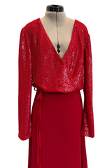 Stunning Fall 1998-99 Giorgio Armani Red Beaded & Sequin Long Skirt & Wrap Top Dress Set