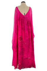 Dreamy 1970s Hanae Mori Pink Layered Bias Cut Silk Chiffon Caftan Dress w Floral Print