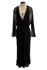 Minimalist Mid-1970s Halston Black Bias Cut Silk Chiffon Wrap Dress w Wide Sleeves