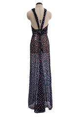 Sheer Fall 2024 Giorgio Armani Sample Deep Blue Net Dress w Embroidered Cotton Pink & Blue Flowers