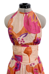 Spring 1981 Bill Tice Deco Pattern Printed Tissue Silk Backless Jumpsuit w Balloon Pouf Legs
