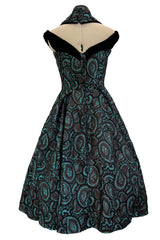 Spectacular 1940s Lilli Ann Teal & Brown Brodace & Velvet Dress w Looped Lame Detailing