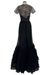 Spectacular Spring 1992 Oscar de la Renta Extremely Fine Black Lace Dress w Tiered Ruffled Full Skirt