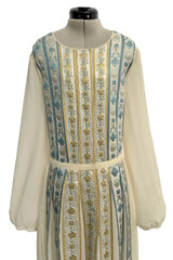 1970s Lanvin by Jules-Francois Crahay Couture Ivory Silk Chiffon & Floral Silk Ribbon Dress