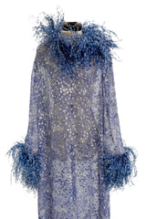 1970s Unlabeled Printed Silk Chiffon Dress w Gold & Silver Thread & Feather Collar & Cuffs