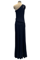 Minimalist 1990s Geoffrey Beene Deep Blue Silk Jersey One Shoulder Dress w Cut Out Details
