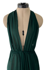 Incredible circa 1973 Halston Couture Green Silk Chiffon Backless & Plunging FrontJumpsuit