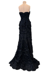 Spring 2008 Oscar De La Renta Black Embroidered Beaded Ribbon Work Floral Silk Organza Dress