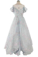 Dreamy Luisa Beccaria Pale Turquoise Net Off Shoulder Dress w Pink & Gold Embroidery