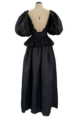 Romantic 1980s Oscar de la Renta Backless Black Silk & Lace Dress w Killer Pouf Sleeves