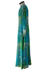 Phenomenal c.1972 La Mendola Hand Beaded Green Printed Caped One Shoulder Silk Jumpsuit
