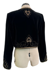 Fantastic 1970s Yves Saint Laurent Cropped Boc Cut Black Velvet Jacket w Metallic Gold Cord Detailing