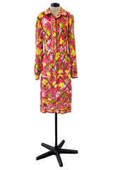 Prettiest 1960s Emilio Pucci Original Pink Silk Jersey Dress w Lattice Flower & Leaf Print