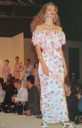 Dreamy Spring 1987 Yves Saint Laurent Off Shoulder Pink Feather & Bow Print Silk Dress