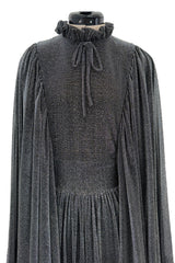 Spectacular 1970s Gina Fratini Metallic Deep Silver Lame Dress w Ruffle Collar & Angel Sleeves