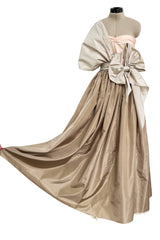 Dreamy Early 1980s Bill Blass Pink, Champagne & Taupe Silk One Shoulder Dress w Full Skirt