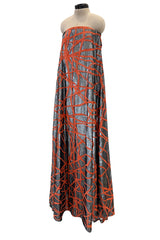 Ultra Rare 1990s Paco Rabanne Haute Couture Metallic Silver & Coral Dress w Chainlink Top & Headpiece