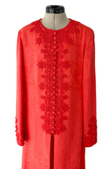 1970s Oscar de la Renta Coral Orange Wide Leg Pant & Long Caftan Tunic Set w Silk Cord Detailing