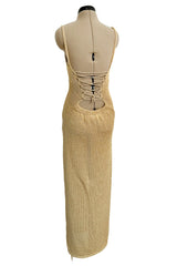 Amazing 1990s Gianni Versace Gold Metallic Knit Dress w Open or Lace up Back & Side Slit