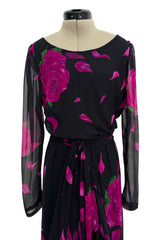 Gorgeous 1970s James Galanos Demi-Couture Silk Chiffon Dress w Vivid Pink Flower Print