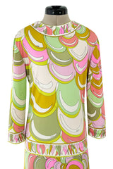 Prettiest 1960s Emilio Pucci Pale Pastel Curving Print Silk Jersey Dress w Contrasting Border